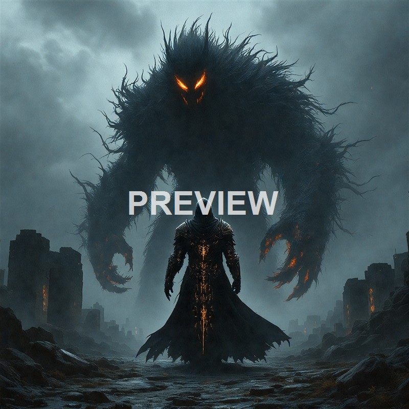A dark, armored figure stands facing a massive, shadowy creature with glowing eyes and fiery accents in a desolate, ruined landscape under a cloudy sky.